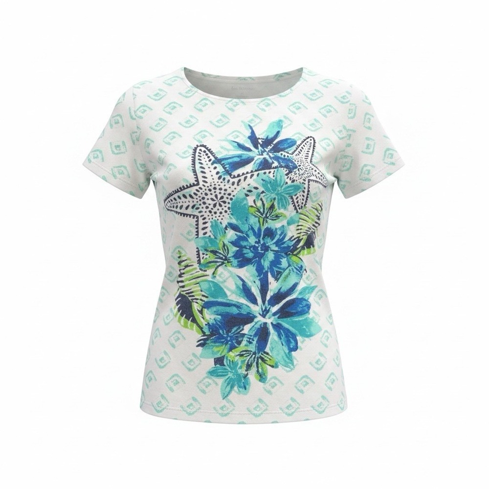 KIM ROGERS Short-Sleeve Top Women Size L White w/Blue Floral/Tropical Seashell